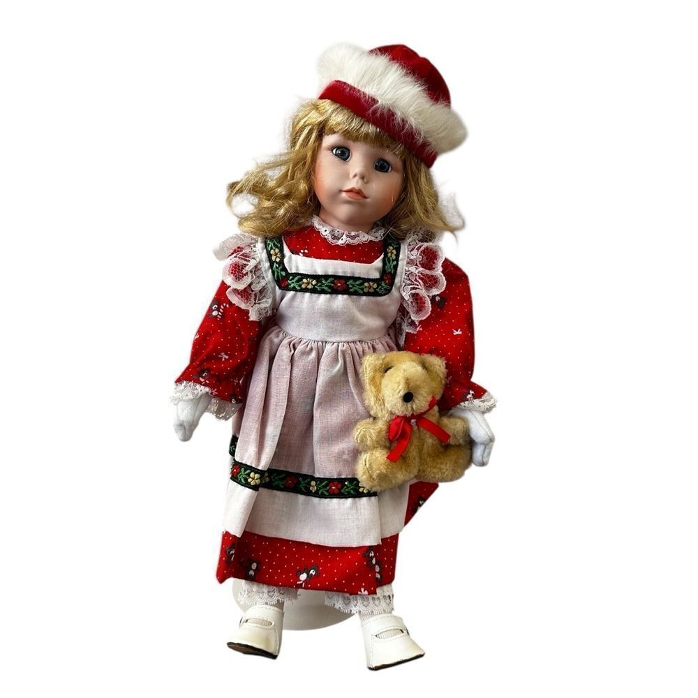 Vintage Christmas Girl Doll w/ Teddy Bear Red Dress Lace Apron Holiday Decor